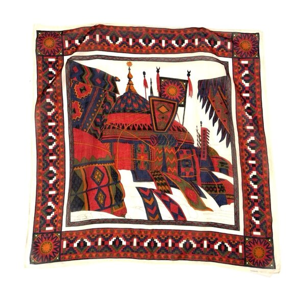 Vintage 1989 Ginnie Johansen 100% Cotton Scarf Signed 26 Inch Square Aztec - Picture 1 of 3